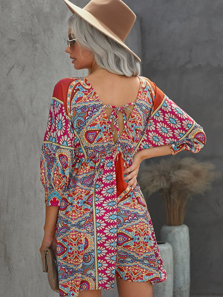 European and American Sexy Deep V-neck Backless Ninth-Sleeve Dress Women's European and American Hot Personalized Printed Waist-Controlled Casual Knee-Length Skirt