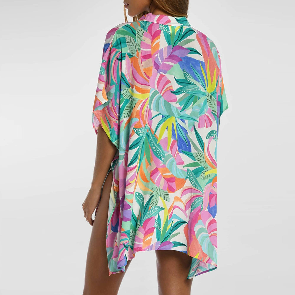 2023 Summer Multi-Color Plant Print Button Half Sleeve Beach Cover-up Fashion Weiyi Style V-neck Double-Breasted Coat for Women