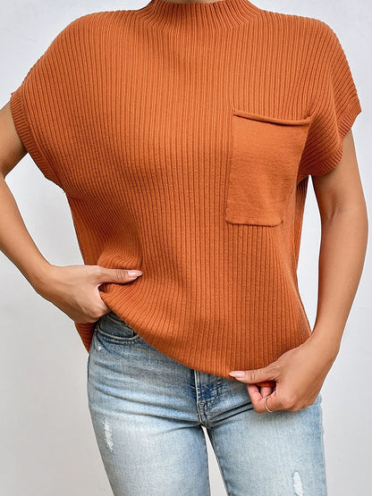 High Collar Casual Easiest for Match Thread Half Sleeve Top Pullover