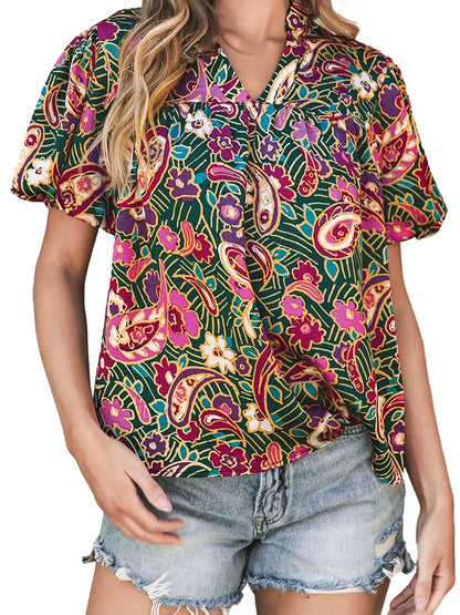 Fashion Paisley Pattern Print Short Sleeve Shirt Women 2024 Summer New Arrival Loose Easiest for Match Three Quarter Sleeve Shirt Women