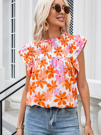 Fashion Plant Pullover Female Summer Smocking Florals Print