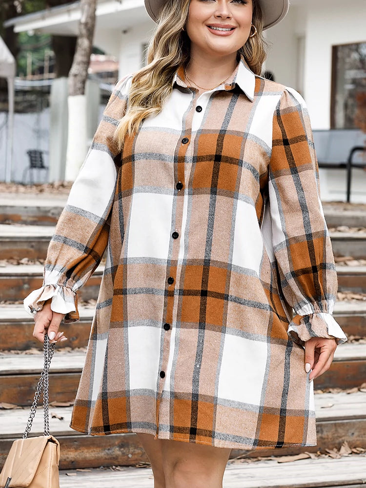 Fall New Arrival Printed Checks Plus Size Dress Women's European and American plus Size Loose Slim Fit Long Sleeves Knee-Length Skirt Women