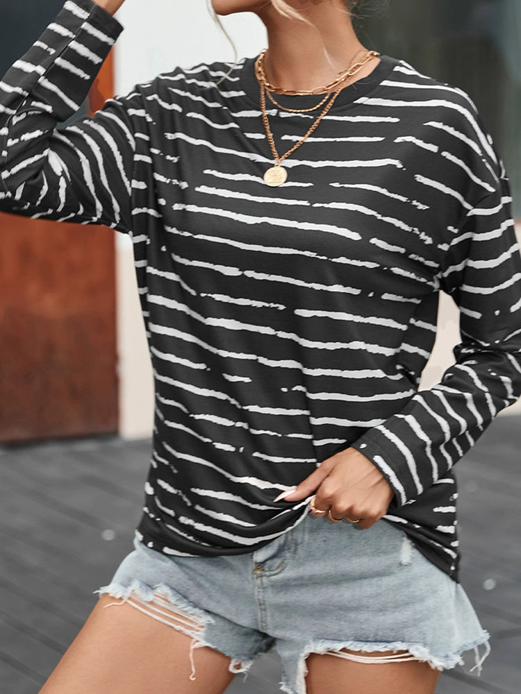 Stripes Thin Minimalist round Neck Pullover Long Sleeves T-shirt