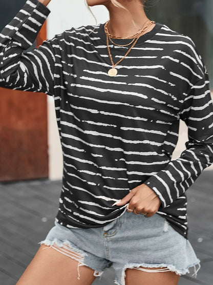 Stripes Thin Minimalist round Neck Pullover Long Sleeves T-shirt