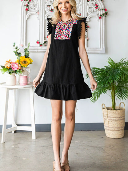 Summer Short Sleeve Fashion V Neck Thin Knee-Length Skirt Embroider