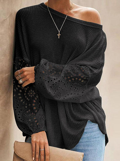 Openwork Dropped Shoulder Boat Neck Blouse