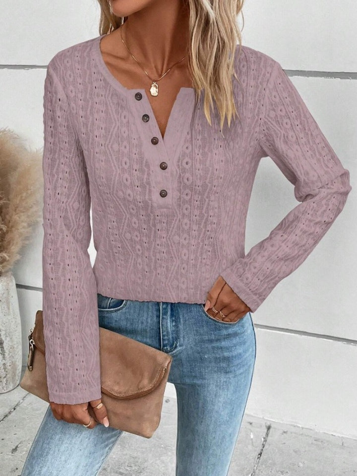 Openwork Half Button Long Sleeve Blouse