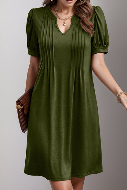 Pin-Tuck Notched Short Sleeve Dress