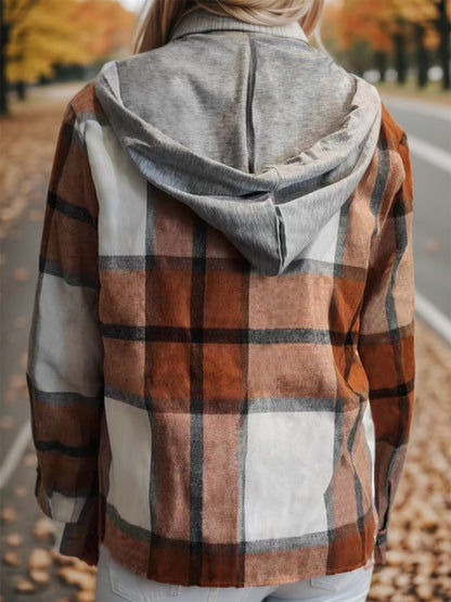 Plaid Button Up Drawstring Hooded Shirt