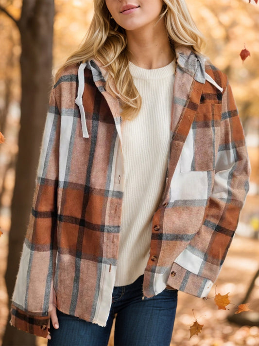 Plaid Button Up Drawstring Hooded Shirt