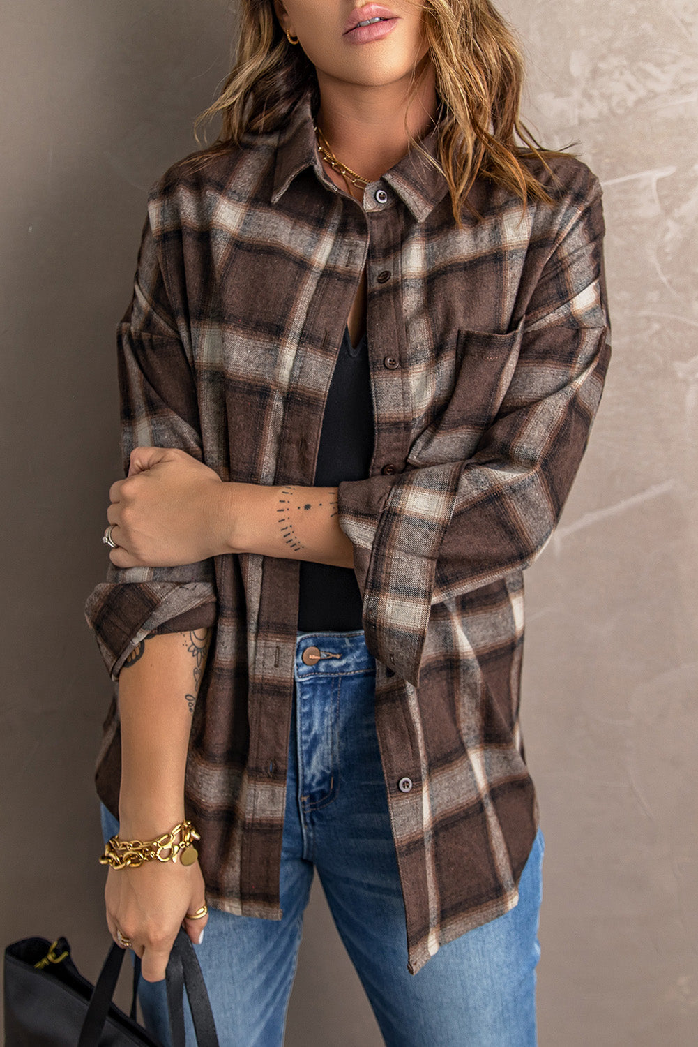 Plaid Button Up Dropped Shoulder Shirt