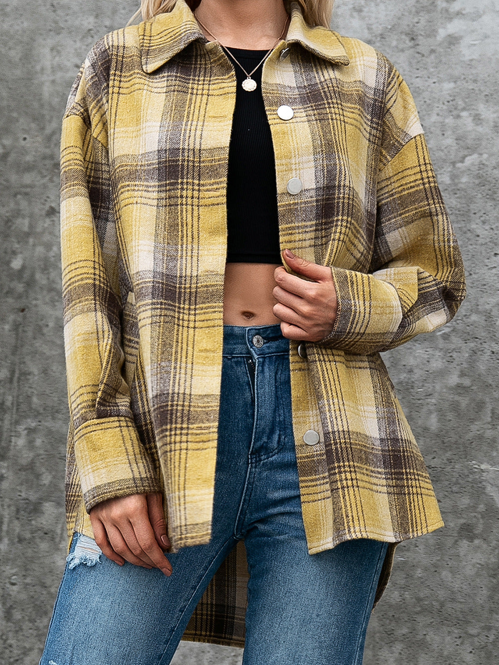 Plaid Collared Neck Long Sleeve Shirt