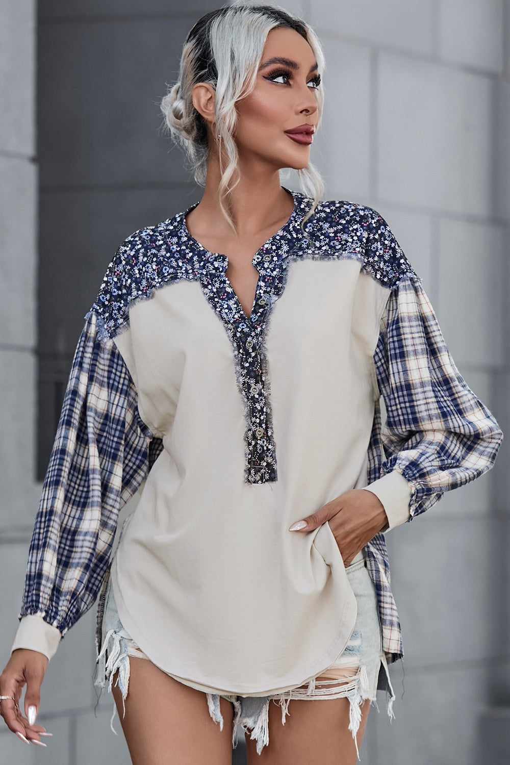 Plaid Notched Neck Slit Blouse