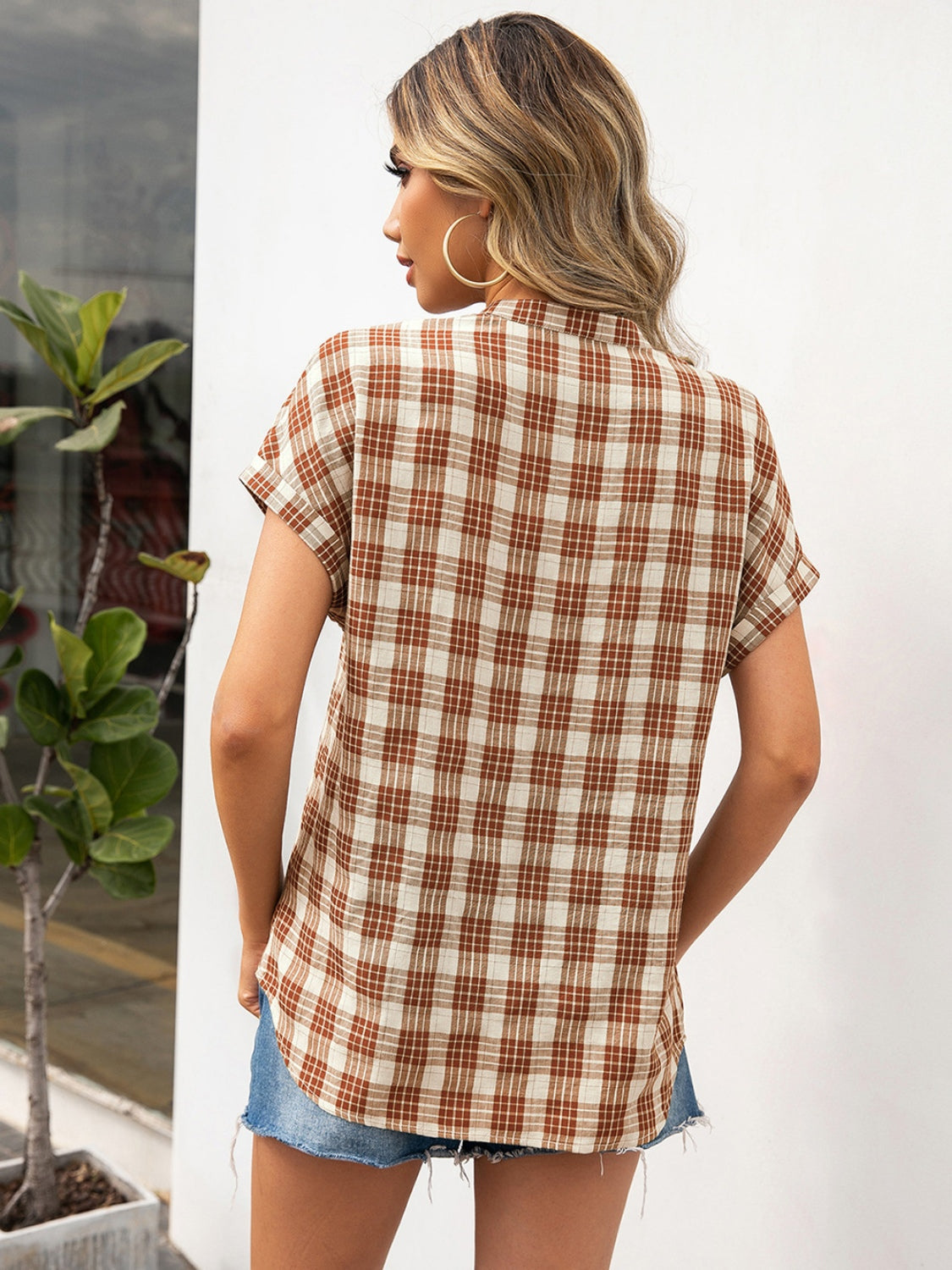 Plaid Notched Short Sleeve Blouse