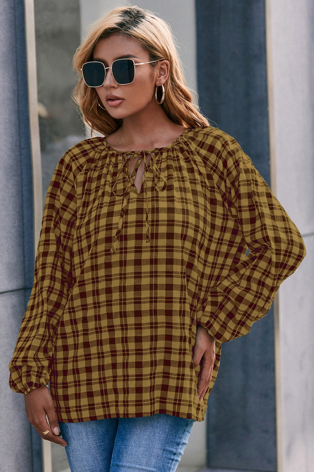 Plaid Tie Neck Balloon Sleeve Blouse