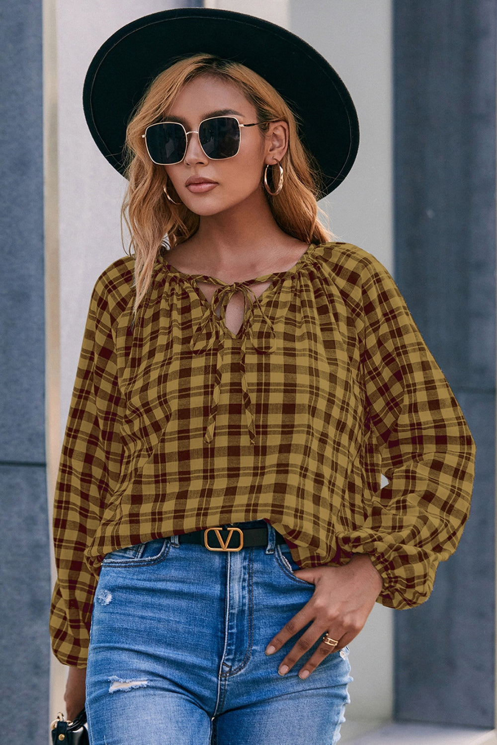 Plaid Tie Neck Balloon Sleeve Blouse