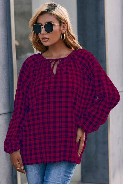 Plaid Tie Neck Balloon Sleeve Blouse