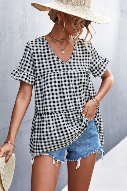 Plaid V-Neck Short Sleeve Blouse