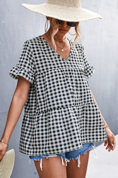 Plaid V-Neck Short Sleeve Blouse