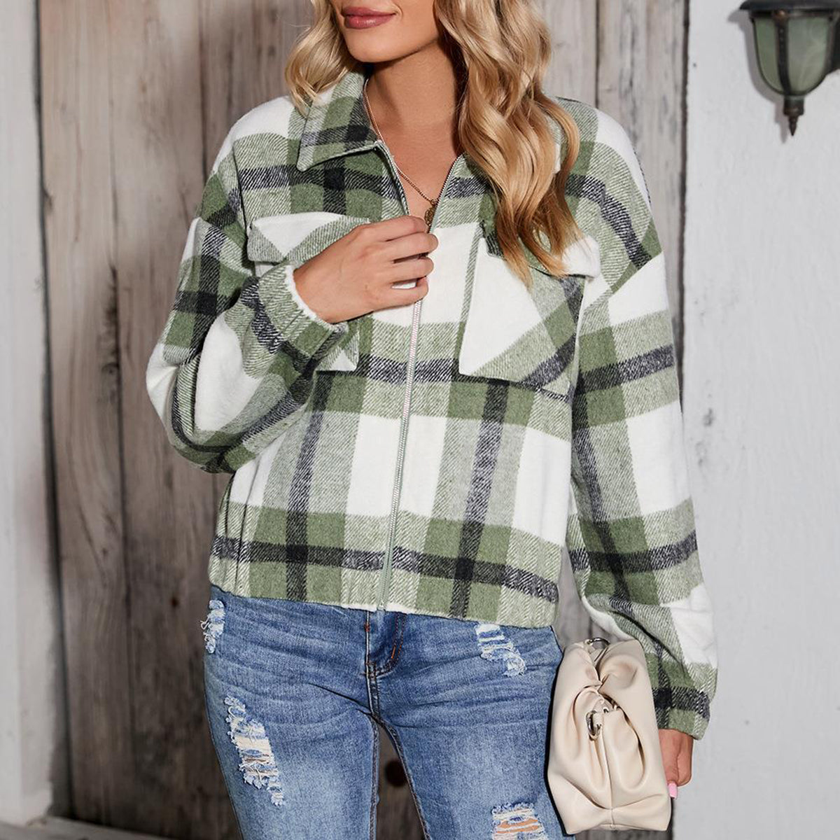 Plaid Zip-Up Collared Jacket