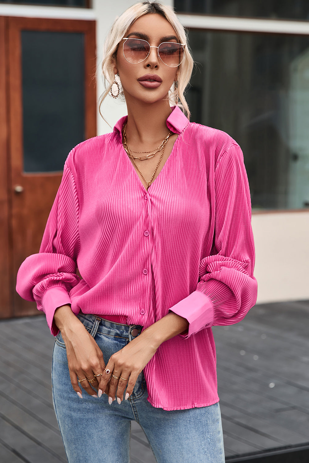 Pleated Button Up Long Sleeve Shirt