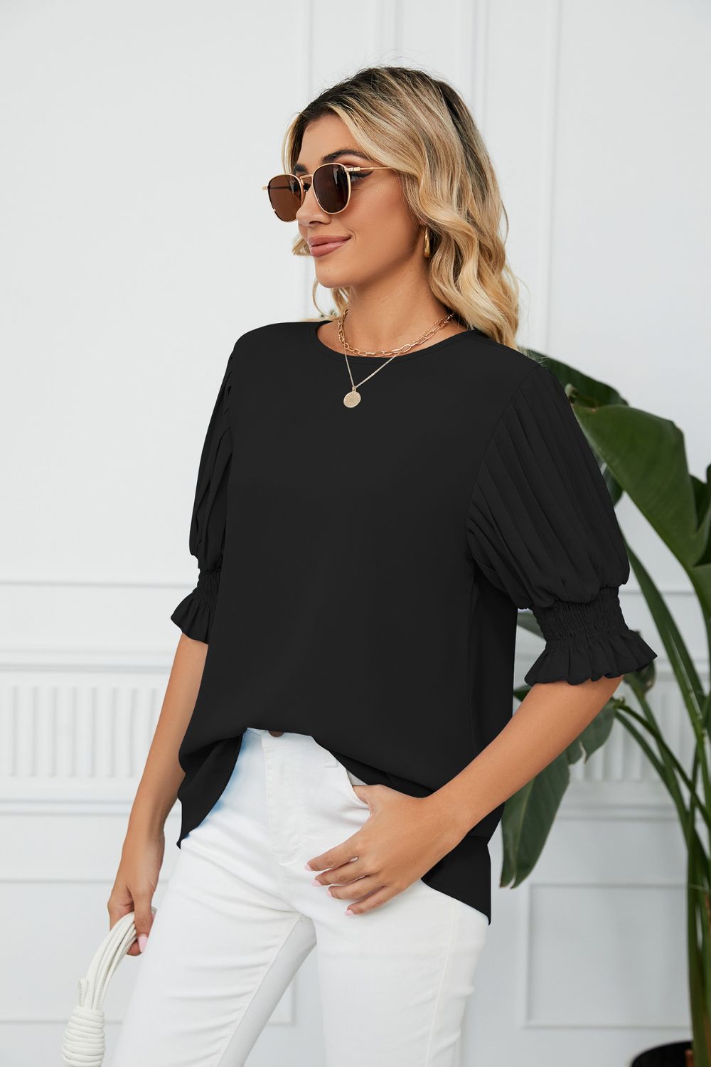 Pleated Flounce Sleeve Keyhole Blouse