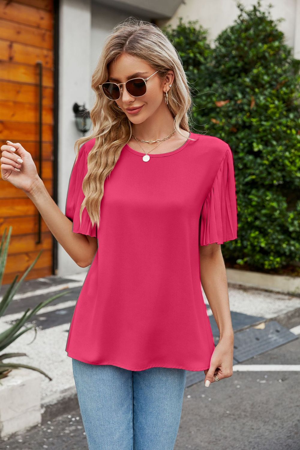 Pleated Flutter Sleeve Round Neck Blouse