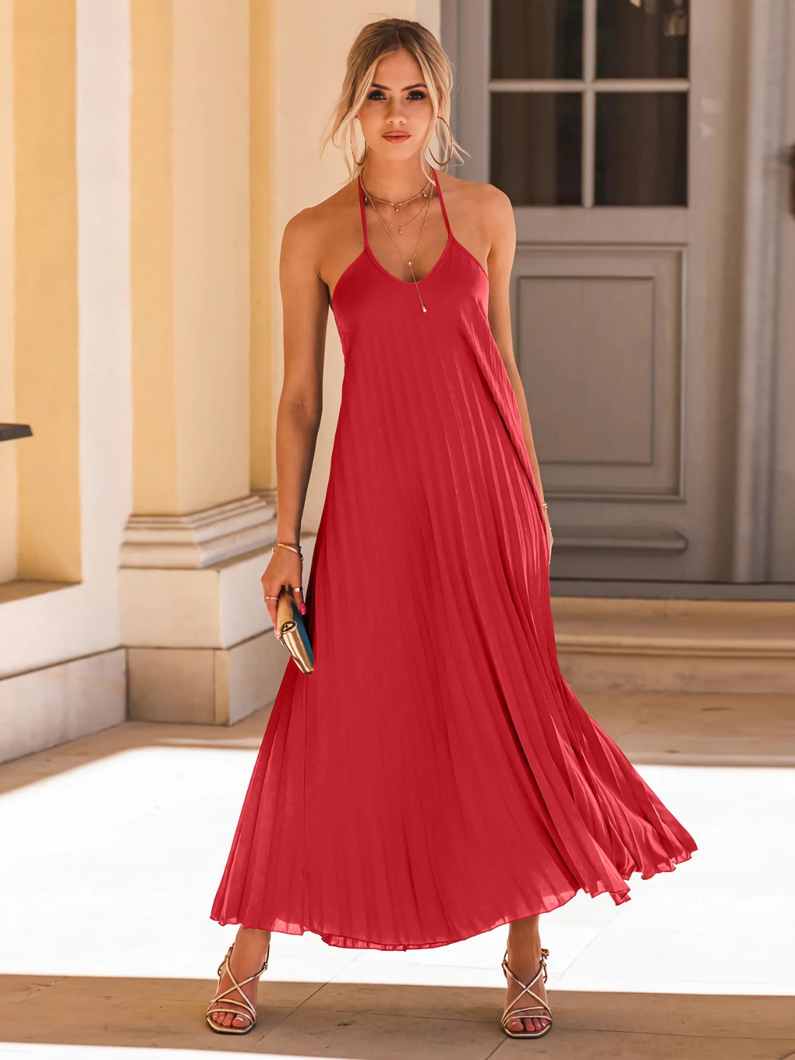 Pleated Halter Neck Sleeveless Dress