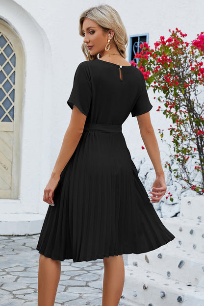 Pleated Tie Waist Short Sleeve Dress