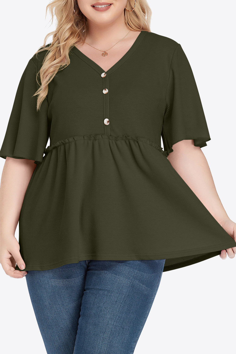 Plus Size Buttoned V-Neck Frill Trim Babydoll Blouse