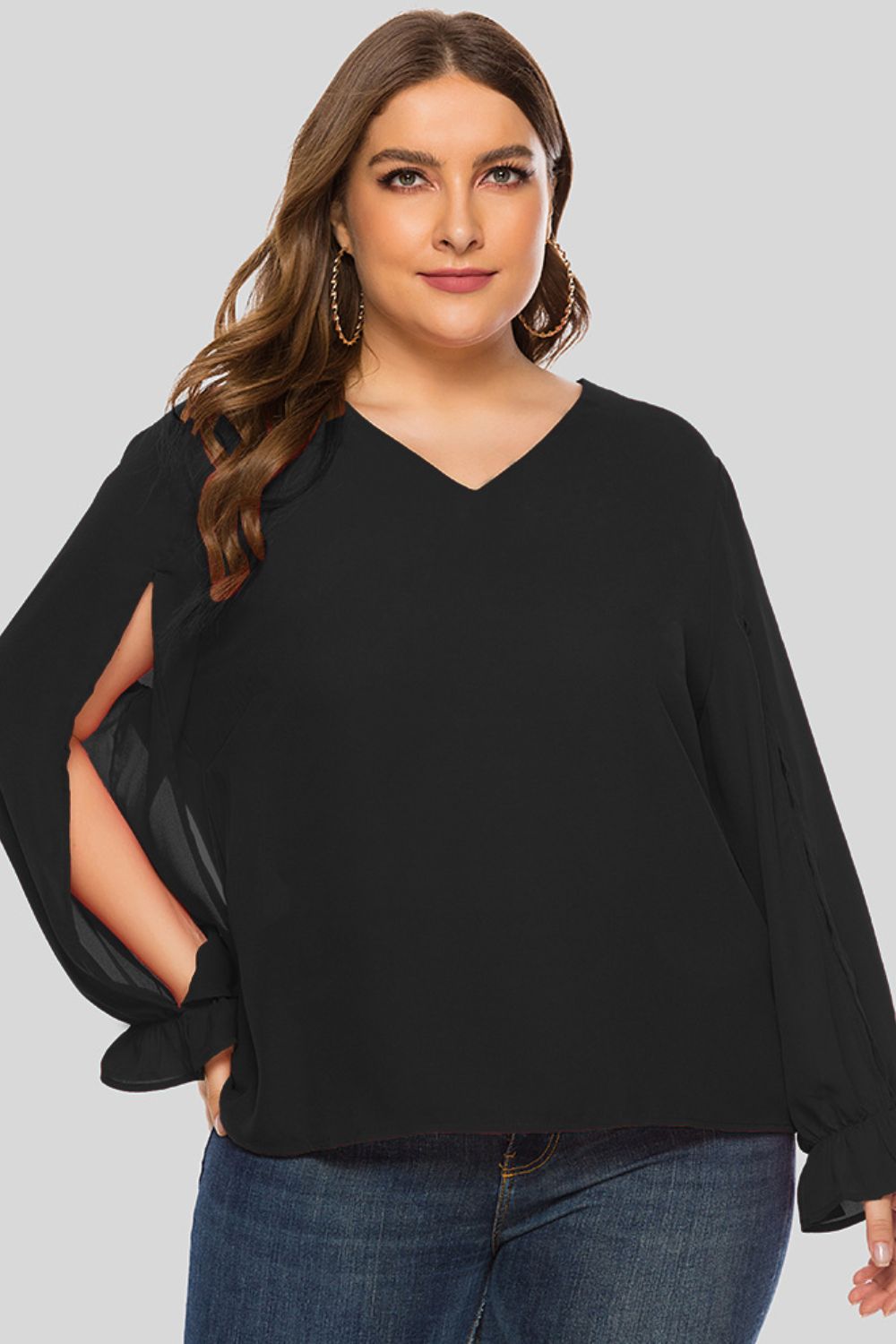 Plus Size Cutout Flounce Sleeve Blouse