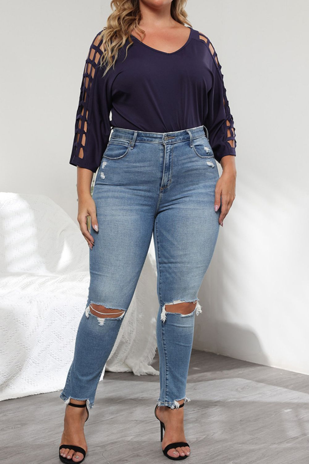 Plus Size Cutout Three-Quarter Sleeve Blouse