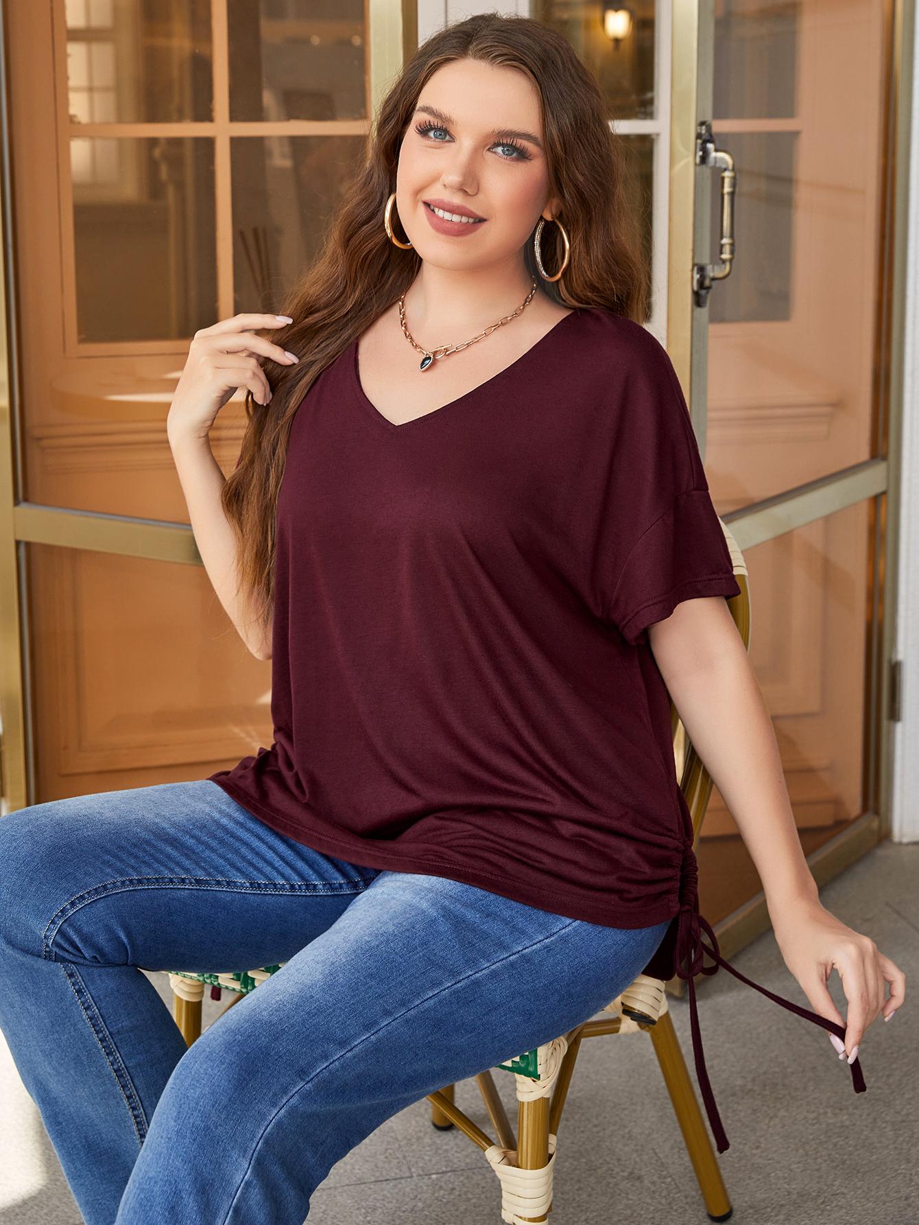 Plus Size Drawstring V-Neck Short Sleeve Blouse