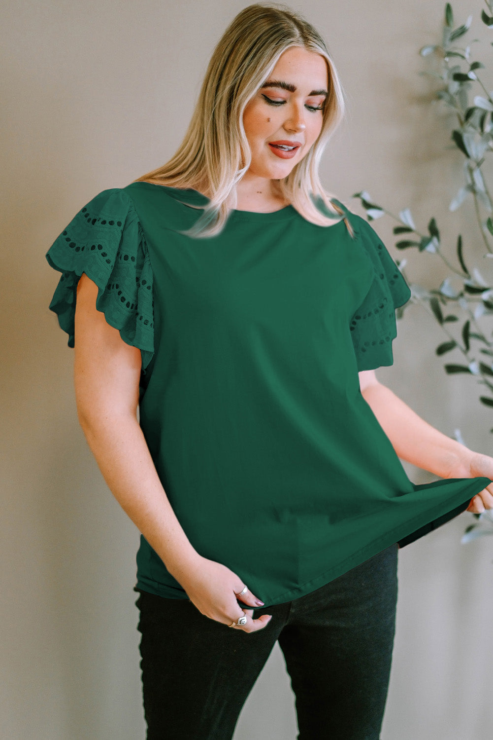 Plus Size Eyelet Round Neck Short Sleeve Blouse