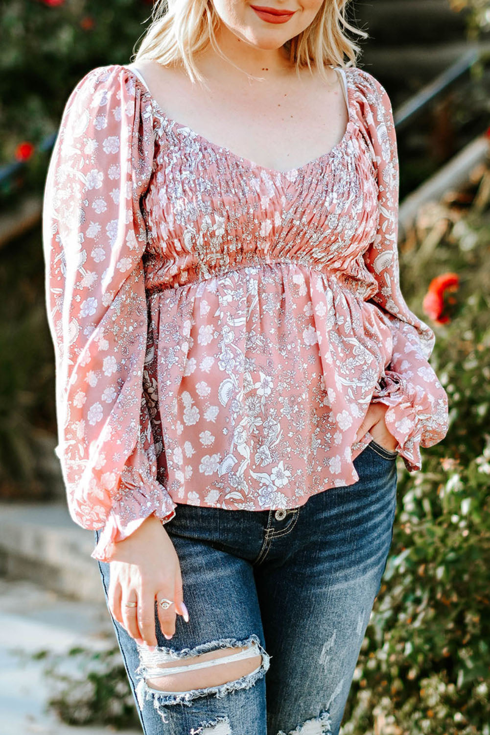 Plus Size Floral Smocked Flounce Sleeve Blouse