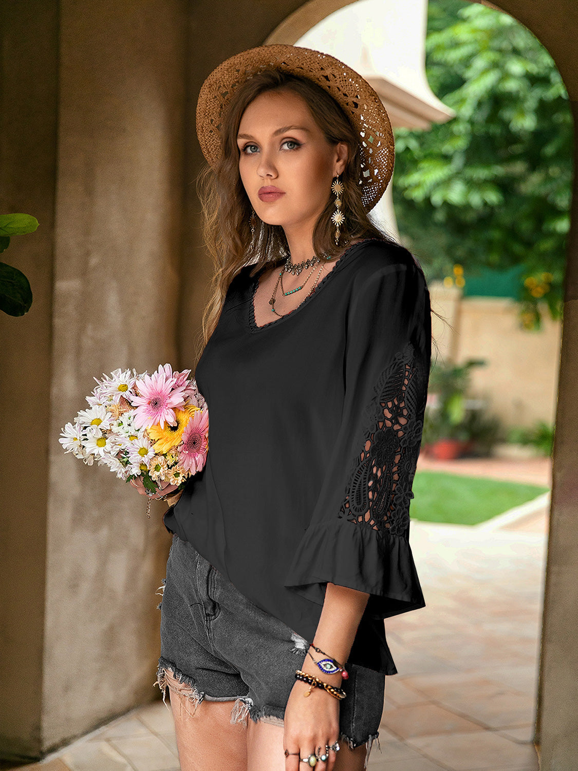 Plus Size Flower Crochet Flare Sleeve Top