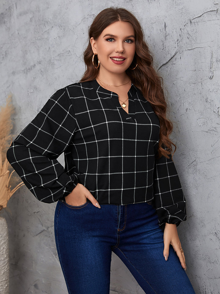 Plus Size Notched Neck Long Sleeve Blouse