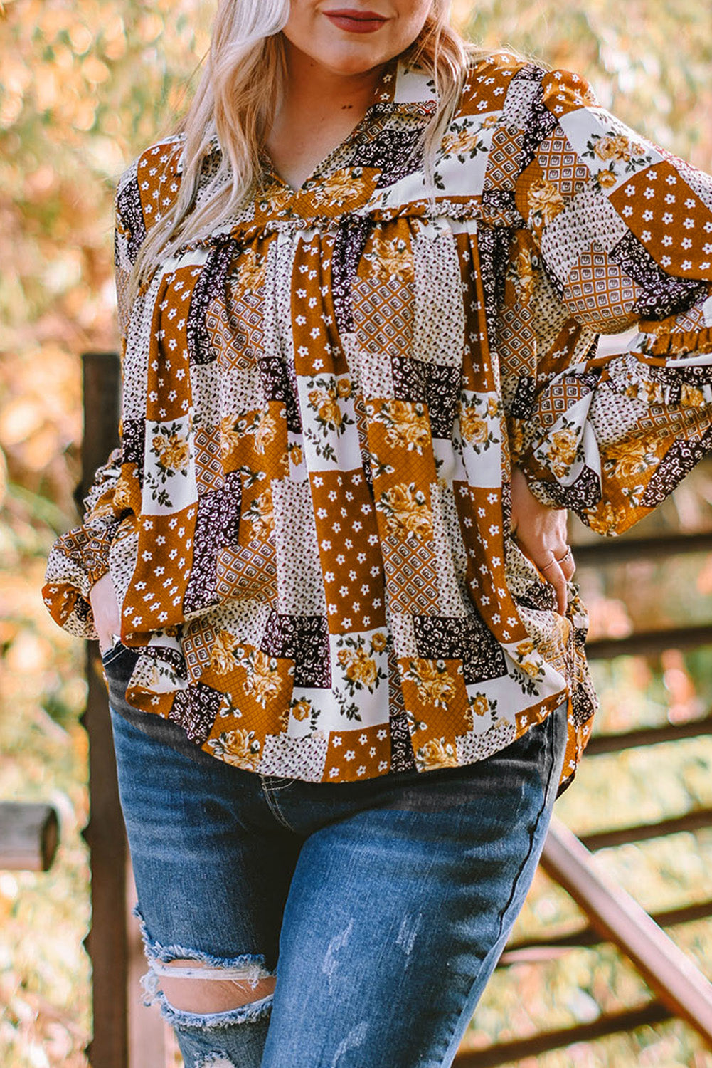 Plus Size Patchwork Balloon Sleeve Blouse