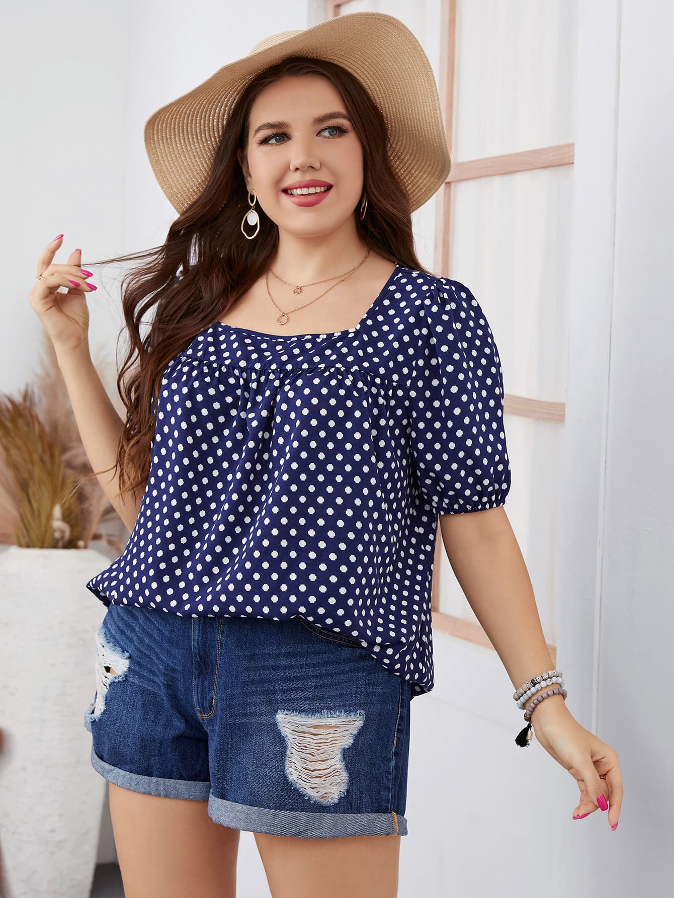 Plus Size Polka Dot Square Neck Blouse