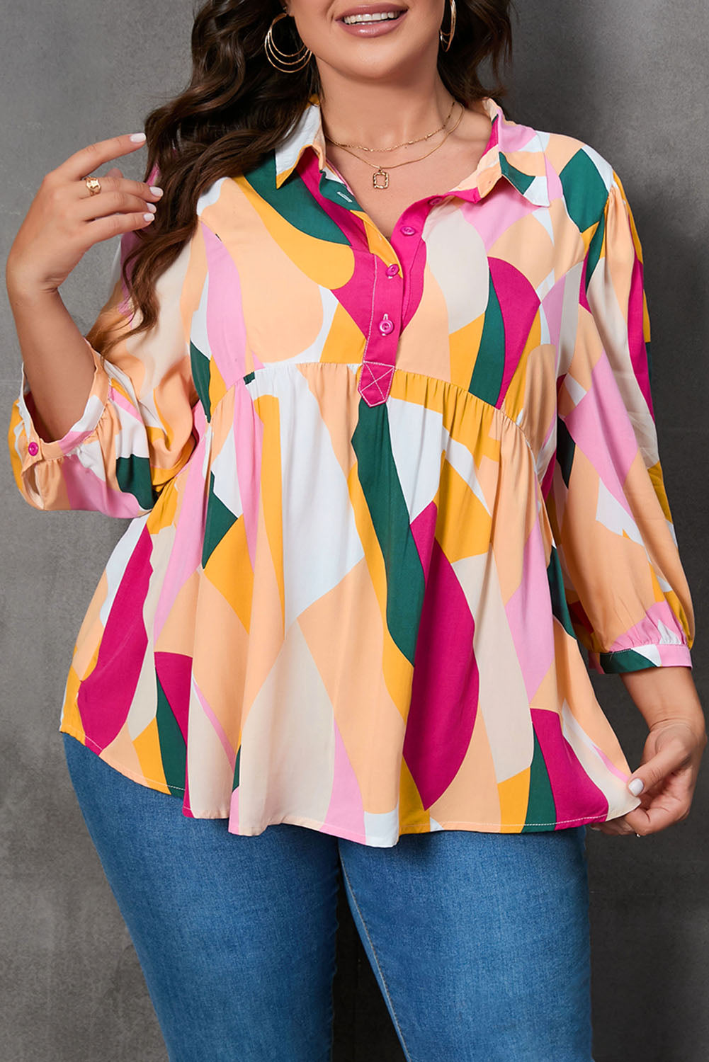 Plus Size Printed Collared Neck Half Button Top