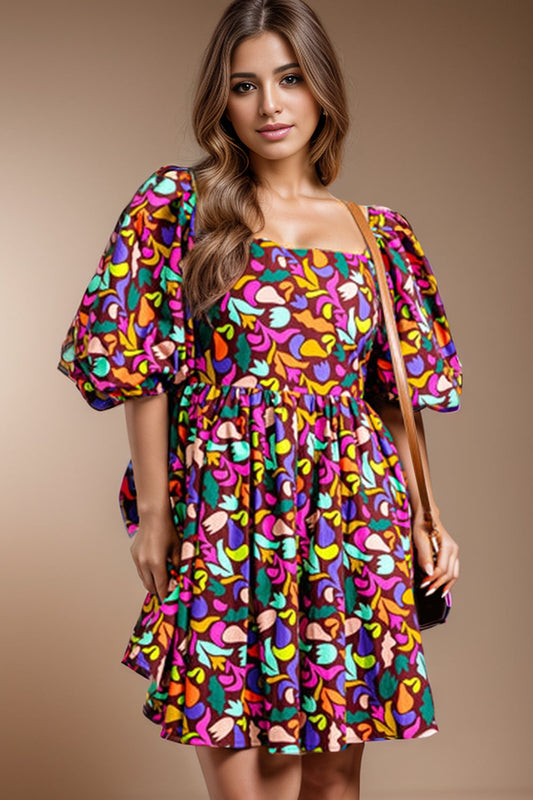 Plus Size Printed Square Neck Half Sleeve Dress