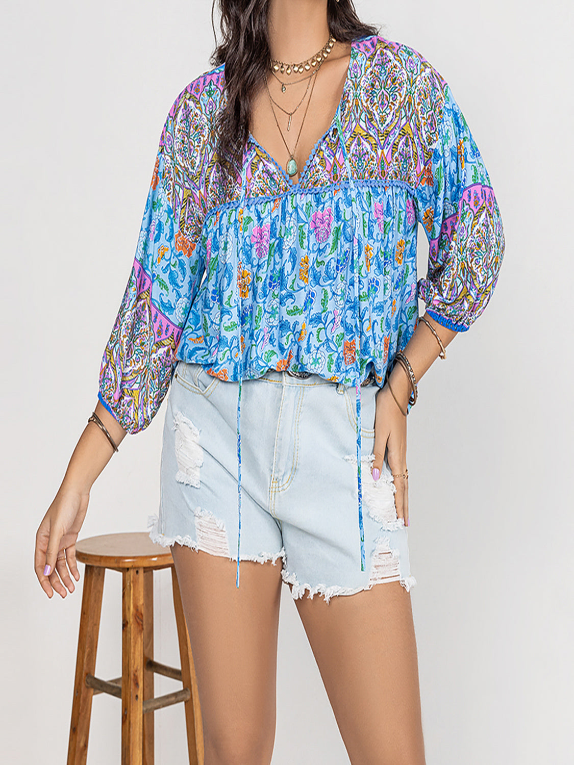 Plus Size Printed Tie Neck Balloon Sleeve Blouse