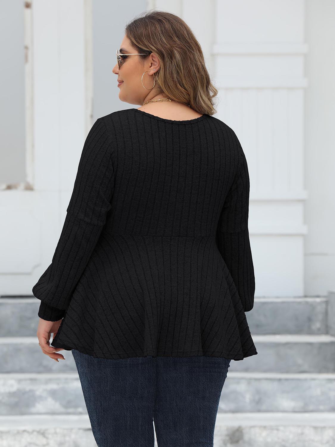 Plus Size Ribbed V-Neck Long Sleeve Blouse