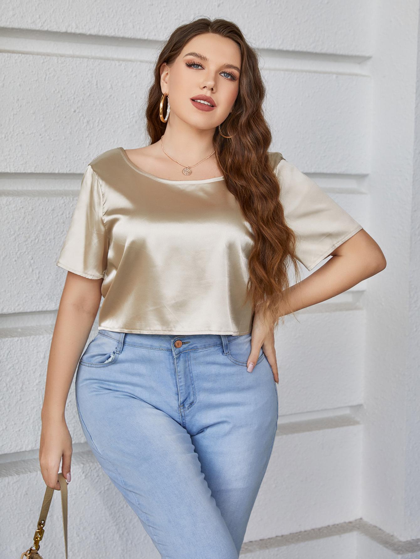 Plus Size Short Sleeve Tie Back Blouse