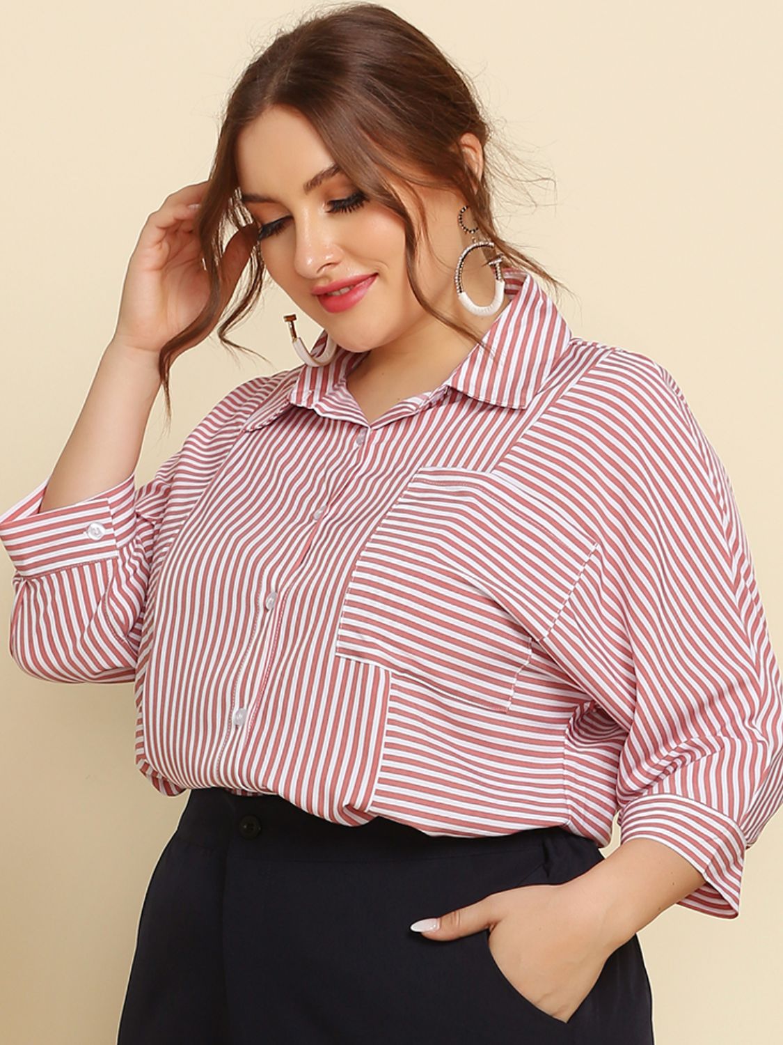 Plus Size Striped Three-Quarter Sleeve Shirt