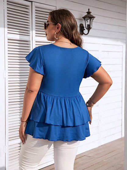 Plus Size V-Neck Flutter Sleeve Blouse