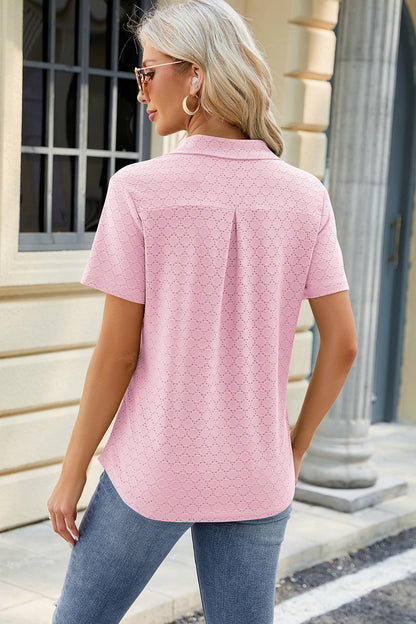 Pocketed Johnny Collar Short Sleeve Blouse