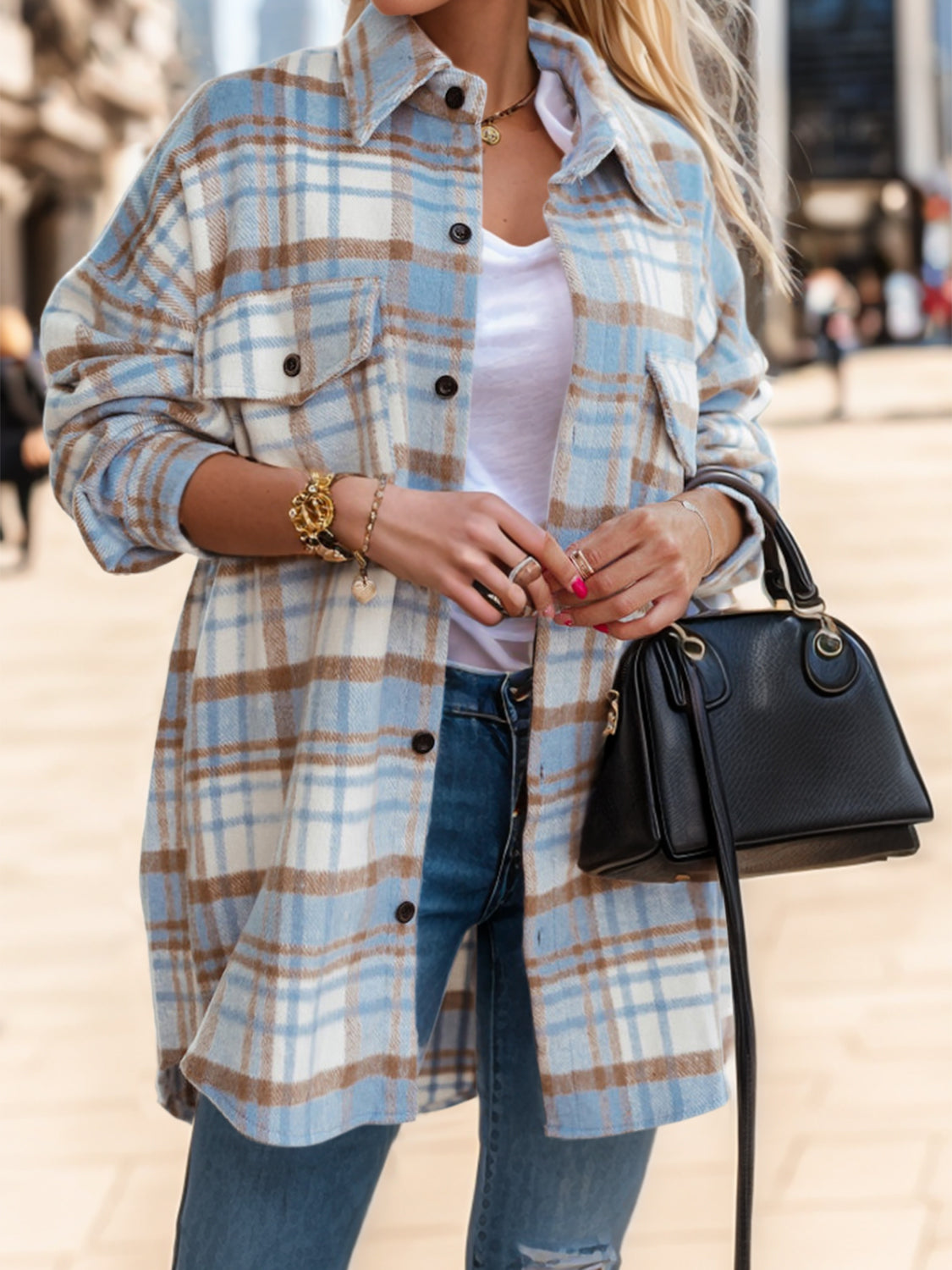 Pocketed Plaid Button Up Dropped Shoulder Shacket