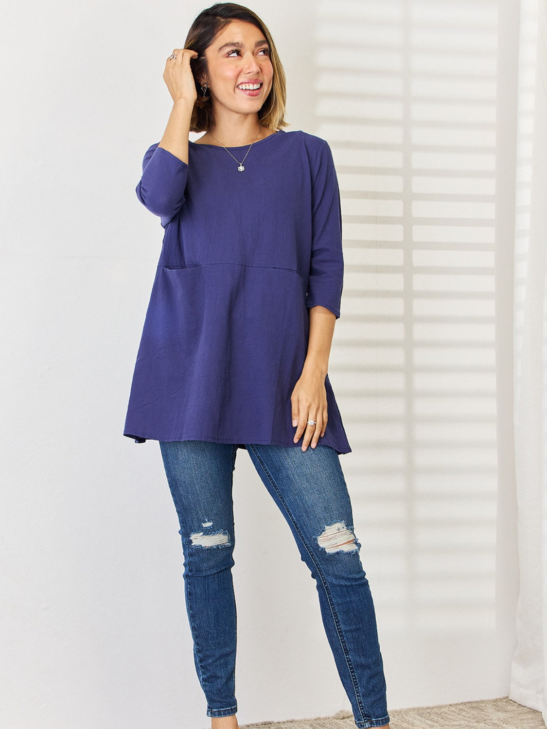 Pocketed Round Neck Half Sleeve Blouse