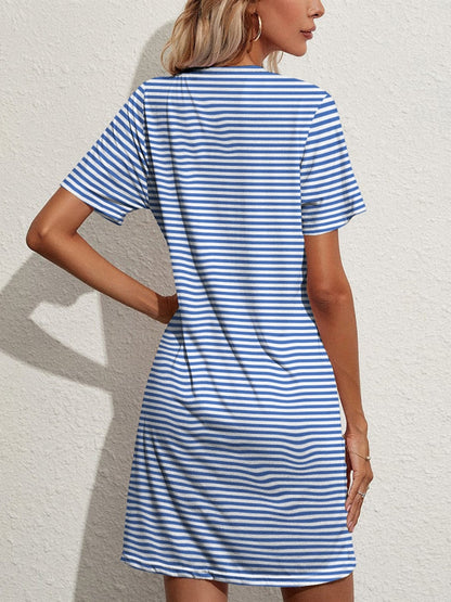 Pocketed Striped Round Neck Short Sleeve Dress